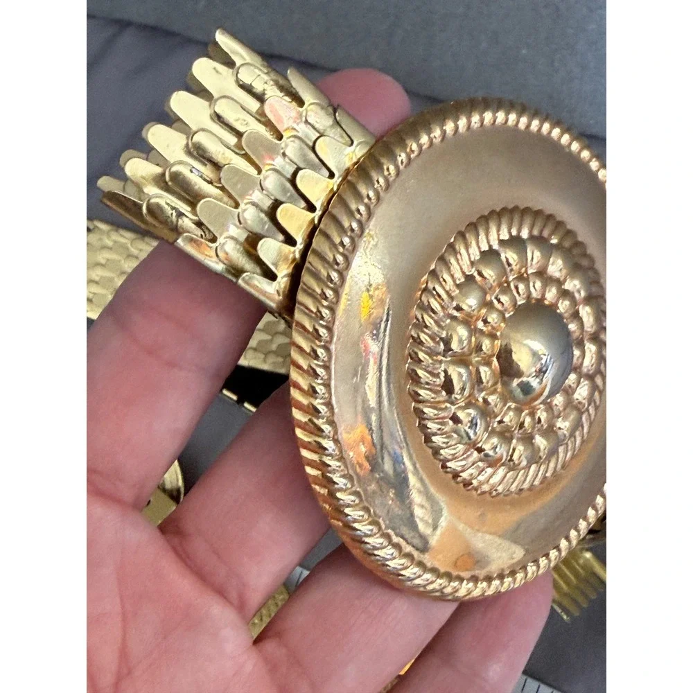Vintage Gold Tone Metal Coin Scale Link and Mustard Yellow Elastic Belt Set 3pc‎